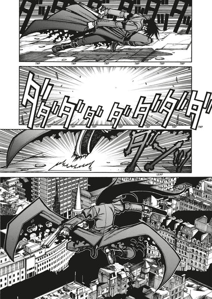 Manga character in a cape and weapon leaps high above a detailed city skyline after a powerful slide and ground impact