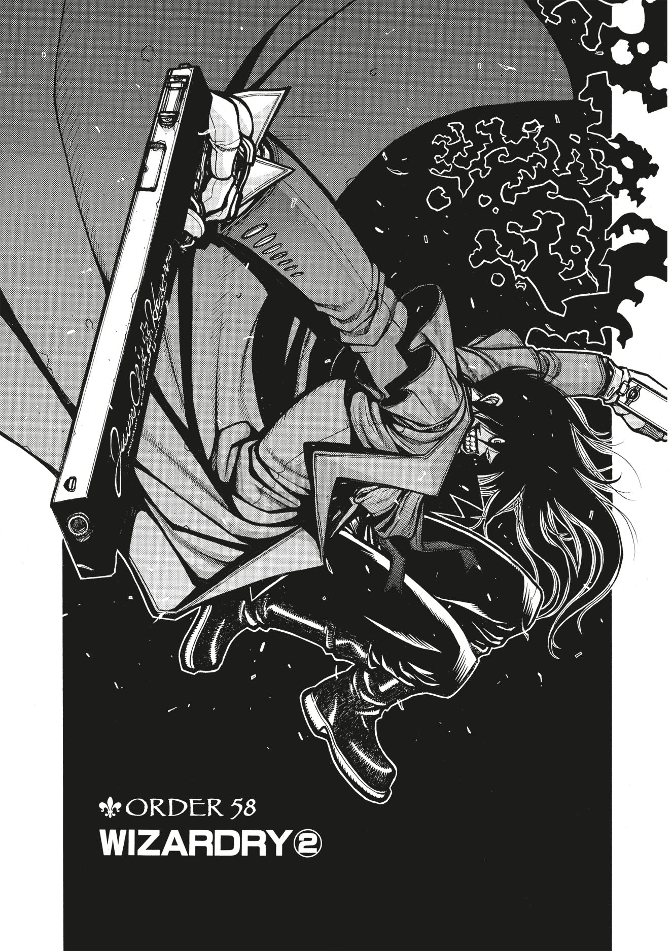 Manga art: Long-haired character in trench coat falls dynamically, holding a long rifle, with swirling dark magic. Context: Wizardry