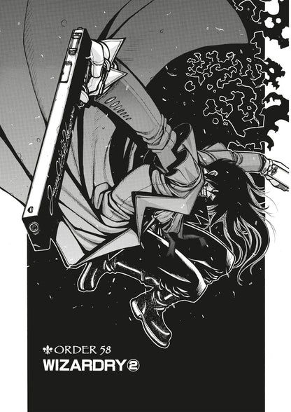 Manga art: Long-haired character in trench coat falls dynamically, holding a long rifle, with swirling dark magic. Context: Wizardry