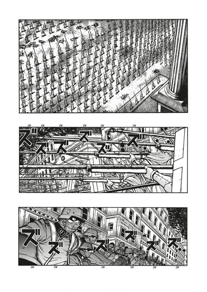 Manga page showing a multi-panel battle scene: An army of spearmen marches, masked figures aim rifles, and helmeted soldiers advance in a city