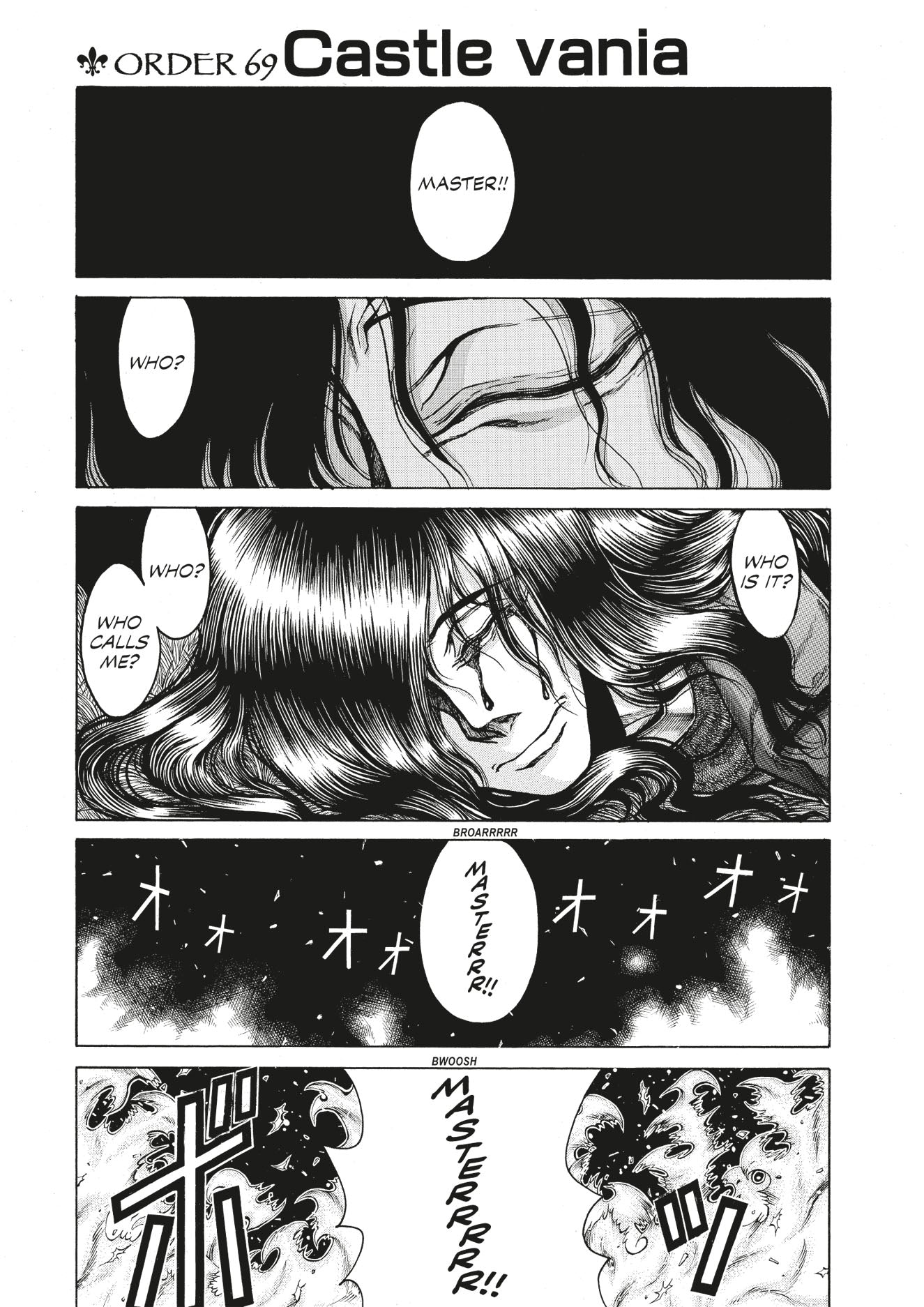 Castlevania manga page: Long-haired Dracula cries hearing "MASTER!!", then unleashes a powerful, explosive roar with dark energy