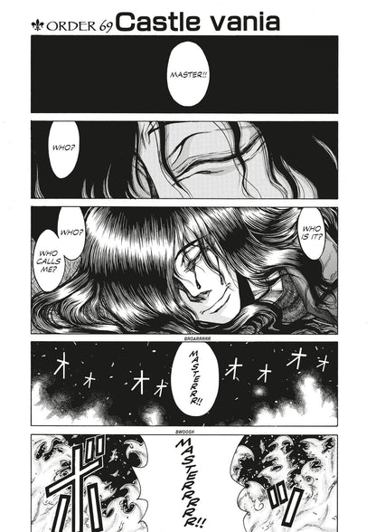 Castlevania manga page: Long-haired Dracula cries hearing "MASTER!!", then unleashes a powerful, explosive roar with dark energy
