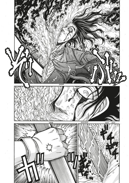 Manga page. A character with long hair screams as dark energy erupts around them. A gloved hand firmly grips a staff, radiating power