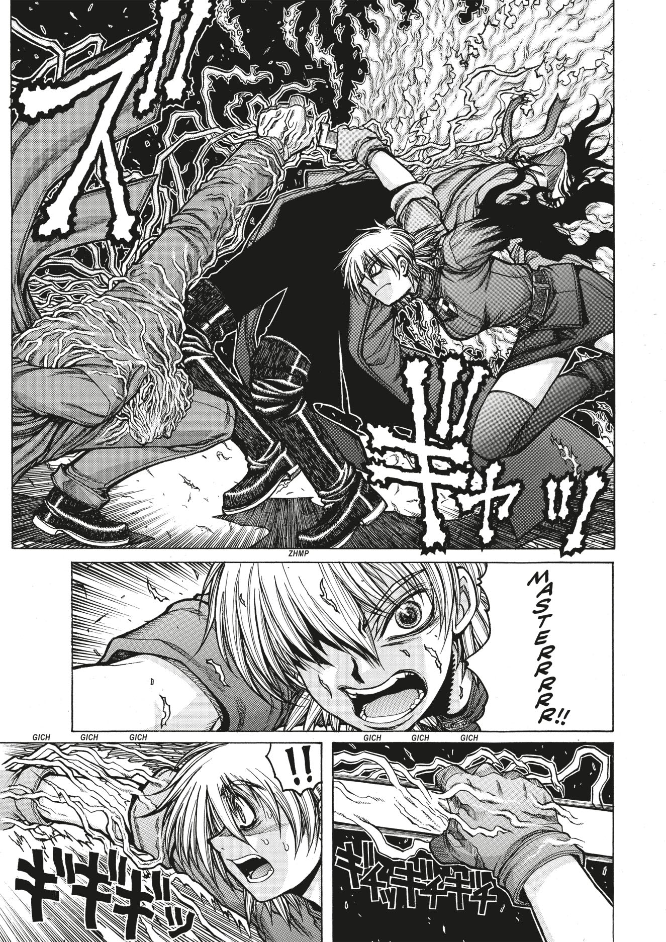Manga: A white-haired young man screams "Masterr!", channeling lightning energy in battle against an older foe