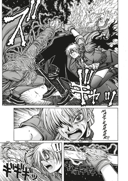 Manga: A white-haired young man screams "Masterr!", channeling lightning energy in battle against an older foe