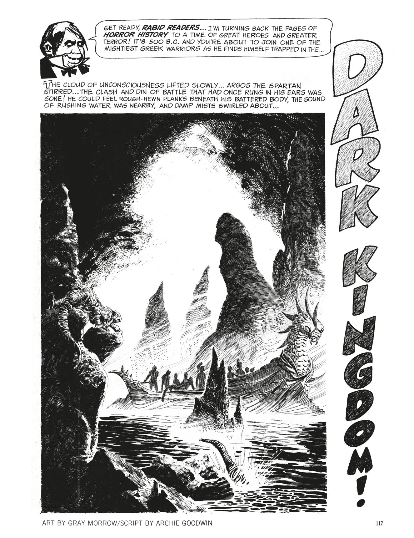 B&W comic: "DARK KINGDOM!" title, a boat of people on a dark cave river, flanked by jagged rock formations and a horned creature
