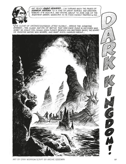 B&W comic: "DARK KINGDOM!" title, a boat of people on a dark cave river, flanked by jagged rock formations and a horned creature