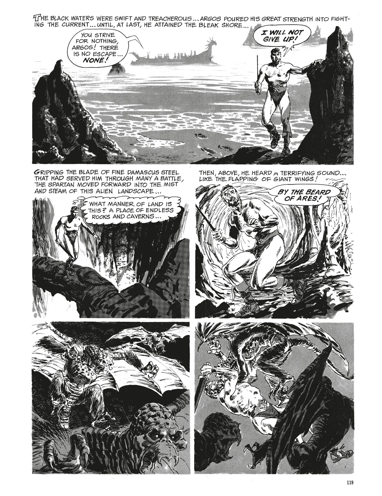Argos, a muscular warrior, lands on a bleak shore, explores caves, then battles a large winged monster
