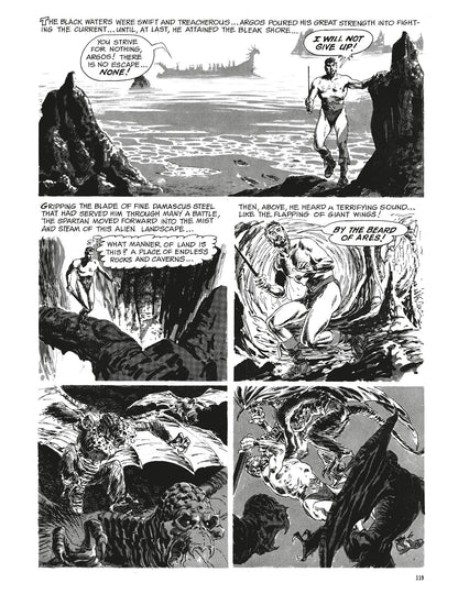 Argos, a muscular warrior, lands on a bleak shore, explores caves, then battles a large winged monster