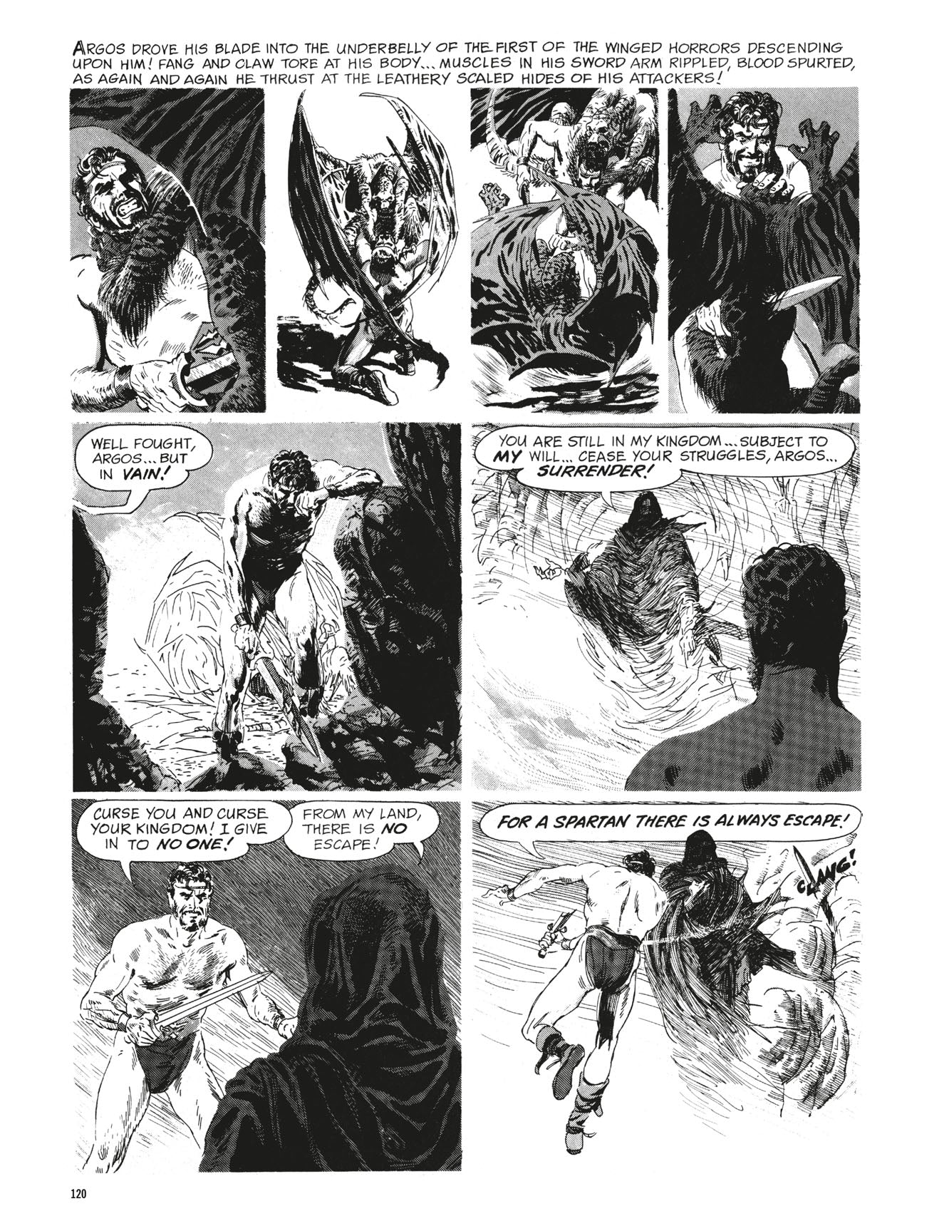 Muscular warrior Argos battles winged monsters with a blade, then defies and escapes a menacing hooded figure