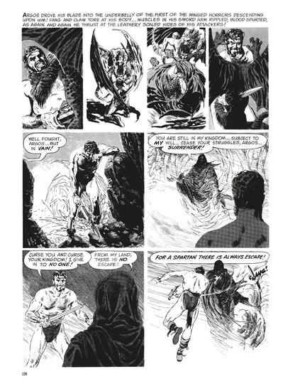 Muscular warrior Argos battles winged monsters with a blade, then defies and escapes a menacing hooded figure