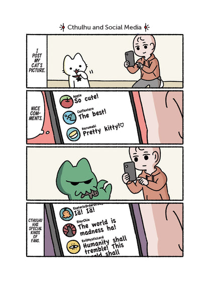 A four-panel comic strip titled Cthulhu and Social Media shows a person posting photos of a cute white cat then a grumpy green Cthulhu receiving very contrasting online comments