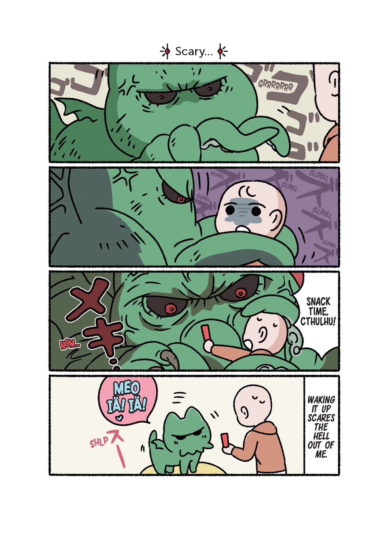 A humorous four-panel comic strip depicts a large, menacing green Cthulhu monster transforming into a small, cute tentacled cat after being given a snack by a person