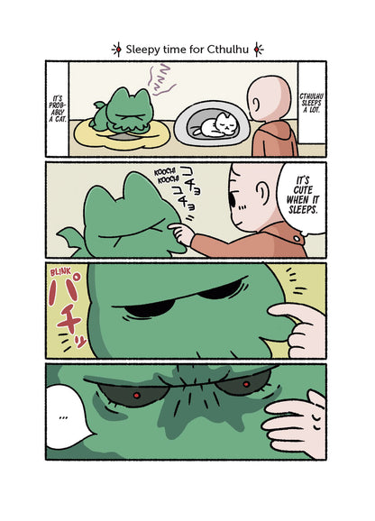 A four-panel comic strip from the Dark Horse Cthulhu Cat book shows a human gently poking a sleeping green Cthulhu cat, which then awakens with glowing red eyes, looking angered