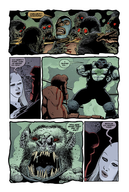 A blue-masked man is attacked by monsters. A wrestler confronts a bloody victim. A monster and woman blame Hellboy's absence