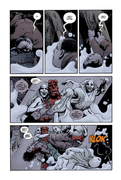 Hellboy and another man are attacked by pale, sharp-toothed women emerging from frothy water. Hellboy fights, pushing them off as they cling to him
