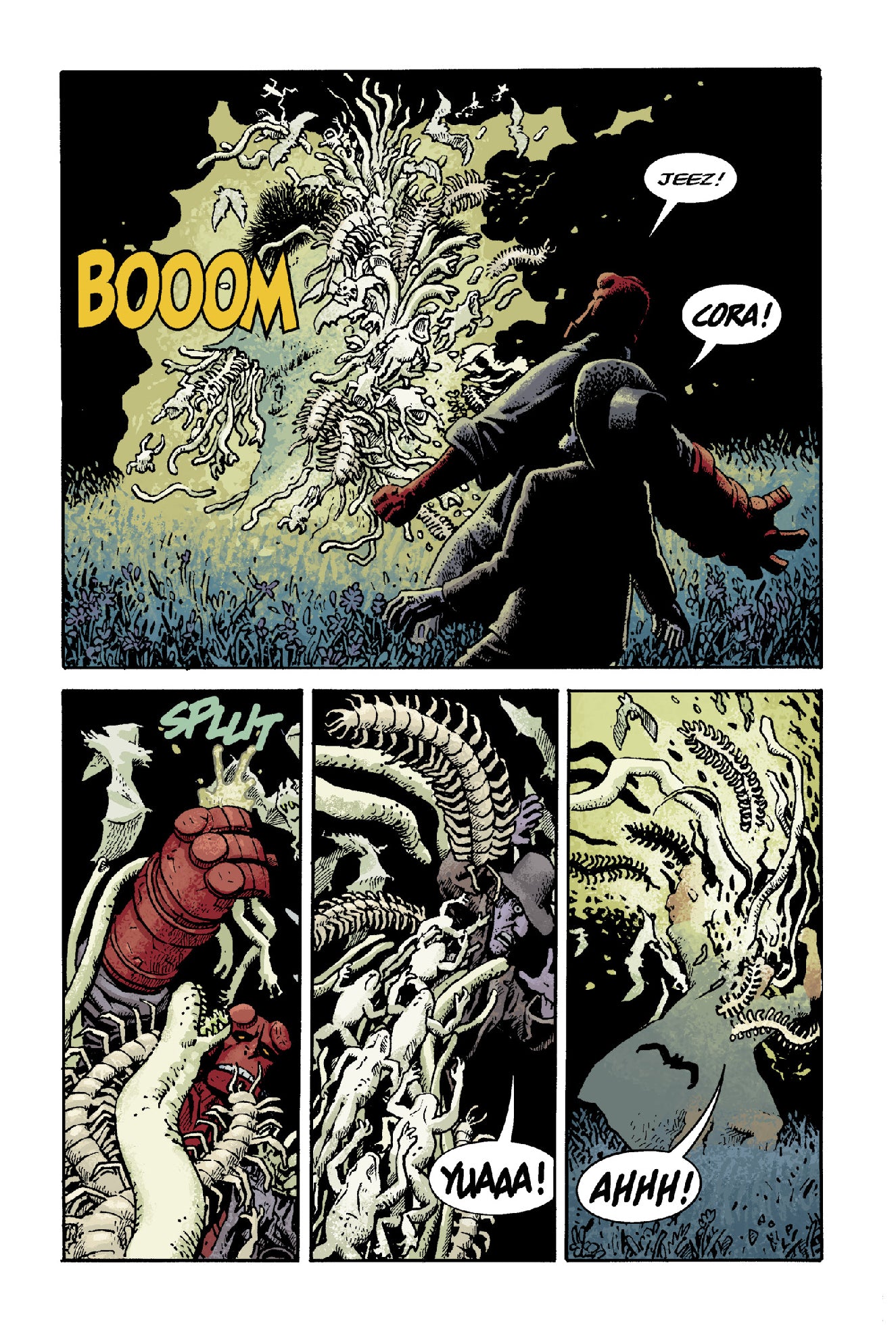 Hellboy and a man react to a 'BOOOOM' of exploding skeletal worms and frogs. Hellboy punches one; the man is overwhelmed