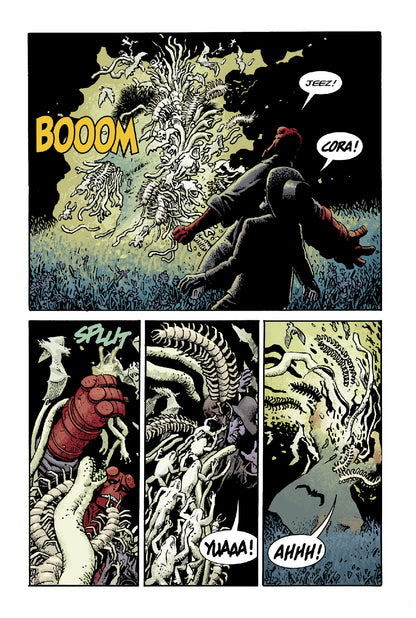 Hellboy and a man react to a 'BOOOOM' of exploding skeletal worms and frogs. Hellboy punches one; the man is overwhelmed