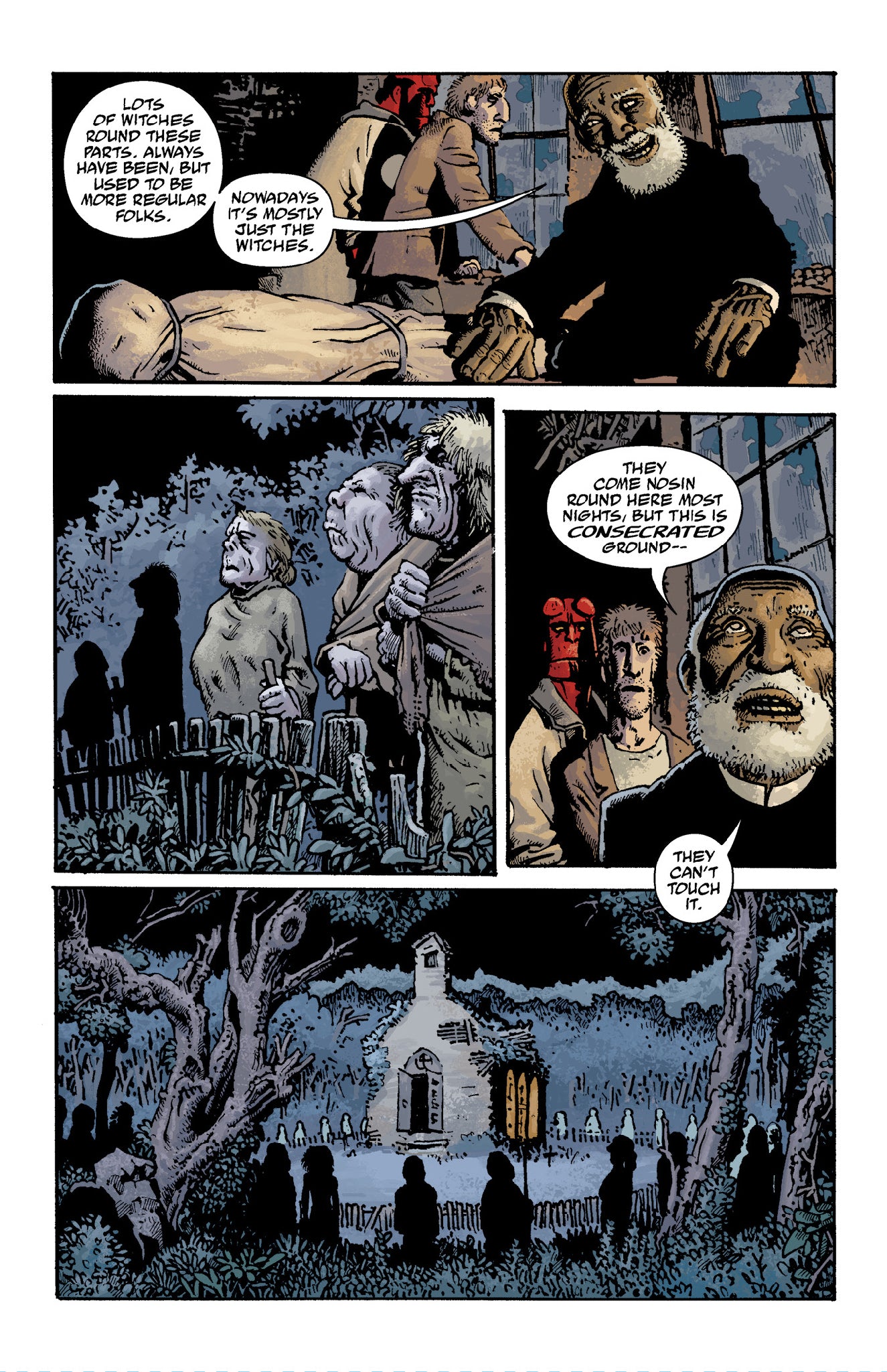 Hellboy and an old man with villagers discuss a wrapped body, then observe a church and graveyard at night, mentioning consecrated ground