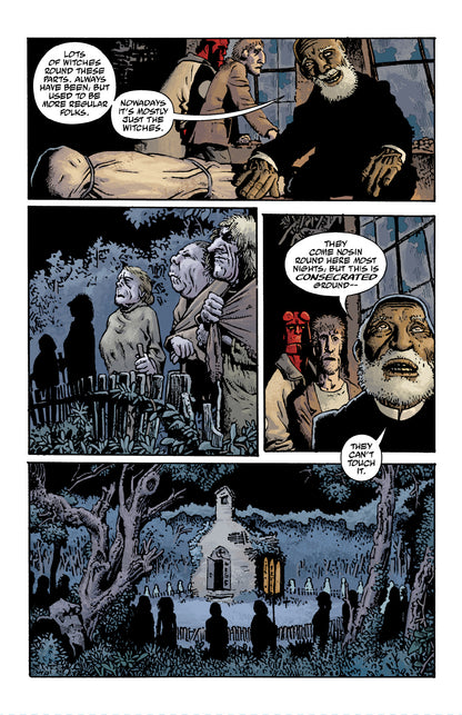 Hellboy and an old man with villagers discuss a wrapped body, then observe a church and graveyard at night, mentioning consecrated ground