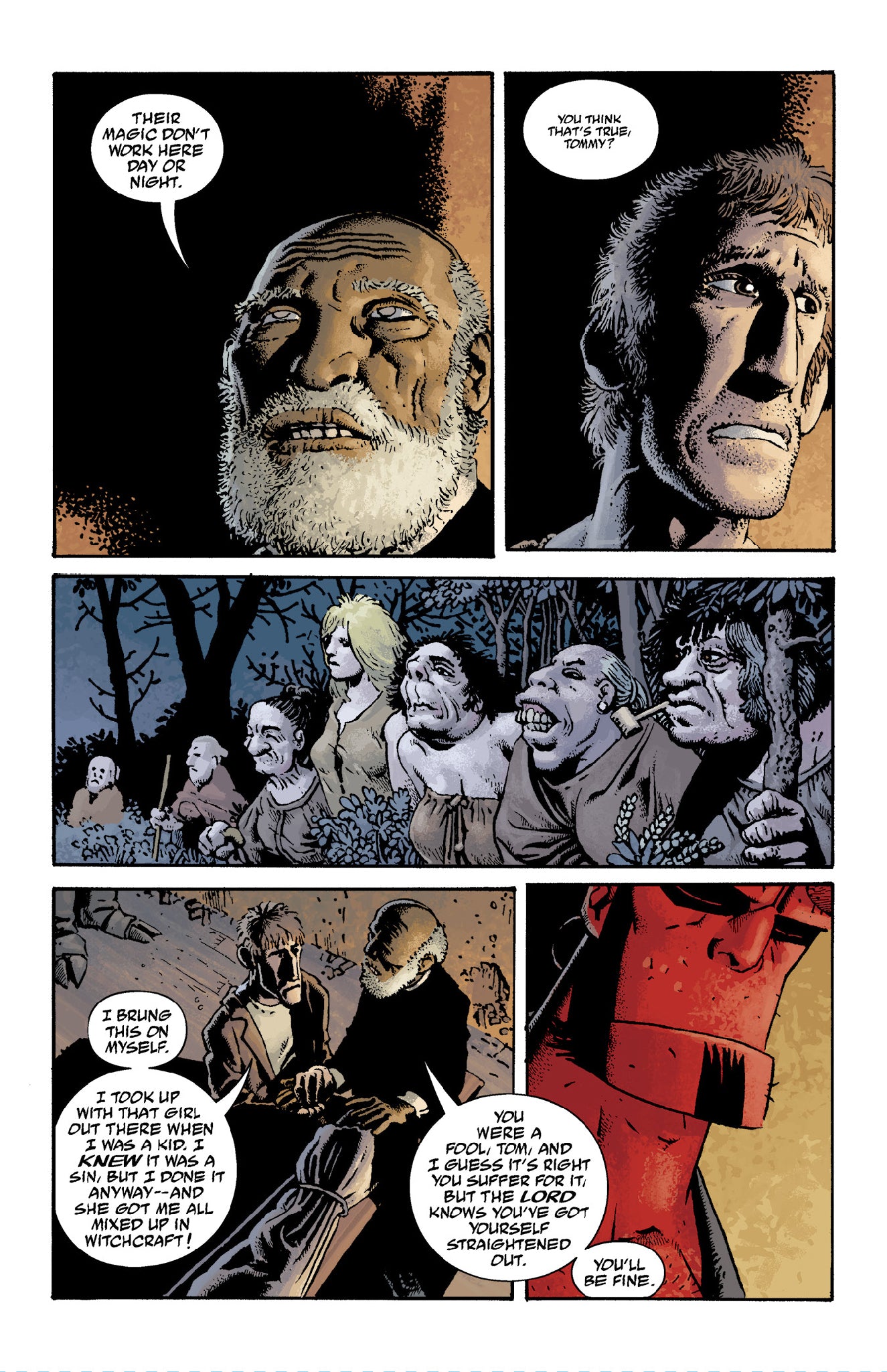 Comic page: An old man, a worried man, grotesque figures in a dark forest, and Hellboy listening to a tied man confessing