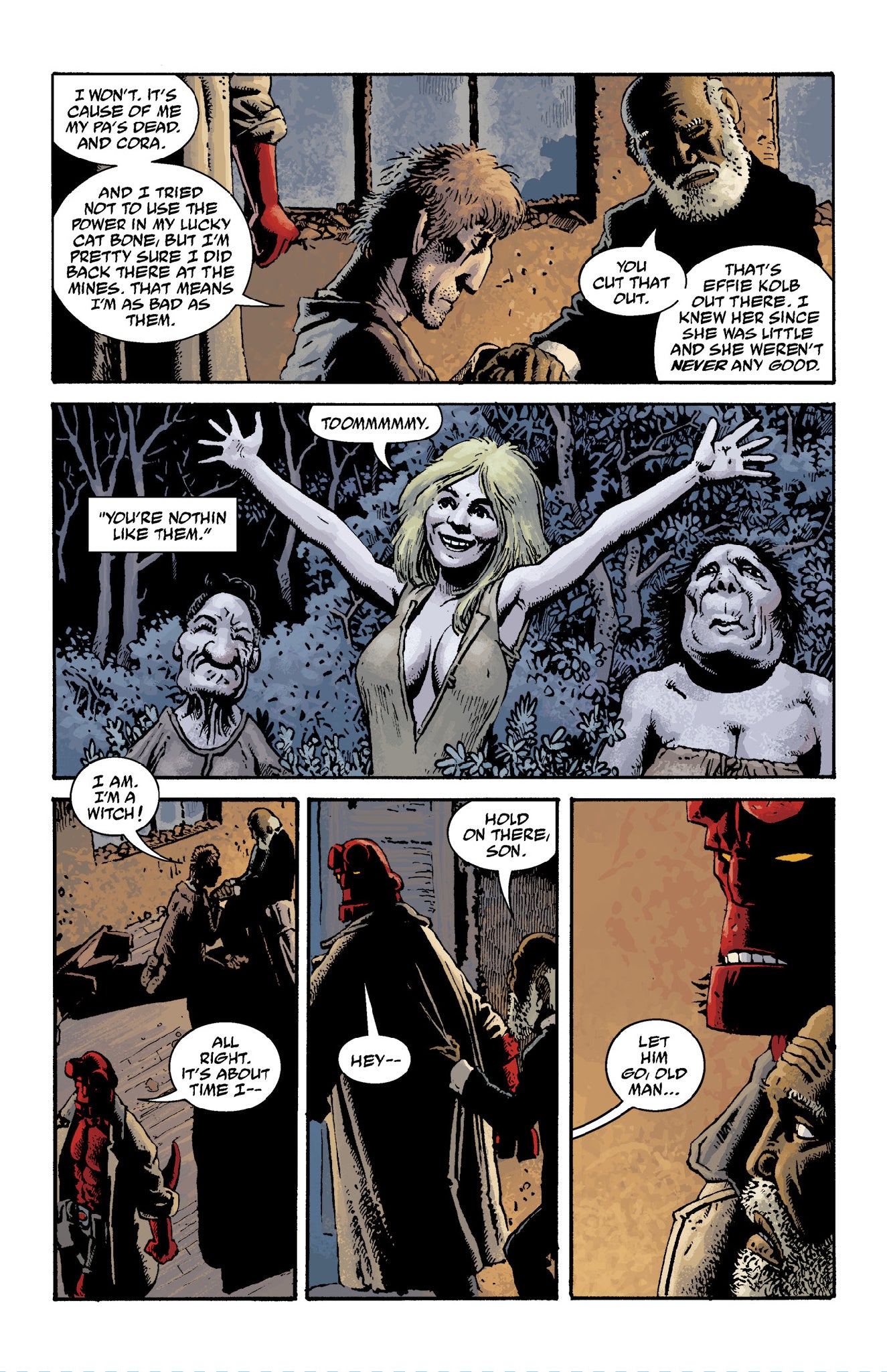 A grinning witch with outstretched arms stands with two figures in a dark forest. Hellboy arrives, confronting an old man
