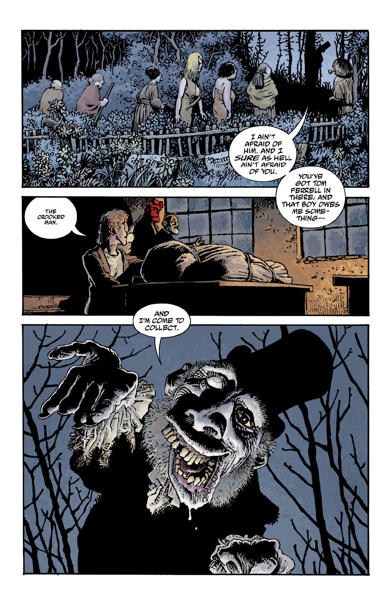 Grotesque Crooked Man grins, reaching out with a gnarled hand for money. Hellboy and Tom Ferrell are seen in earlier panels