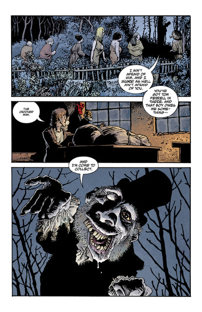 Grotesque Crooked Man grins, reaching out with a gnarled hand for money. Hellboy and Tom Ferrell are seen in earlier panels
