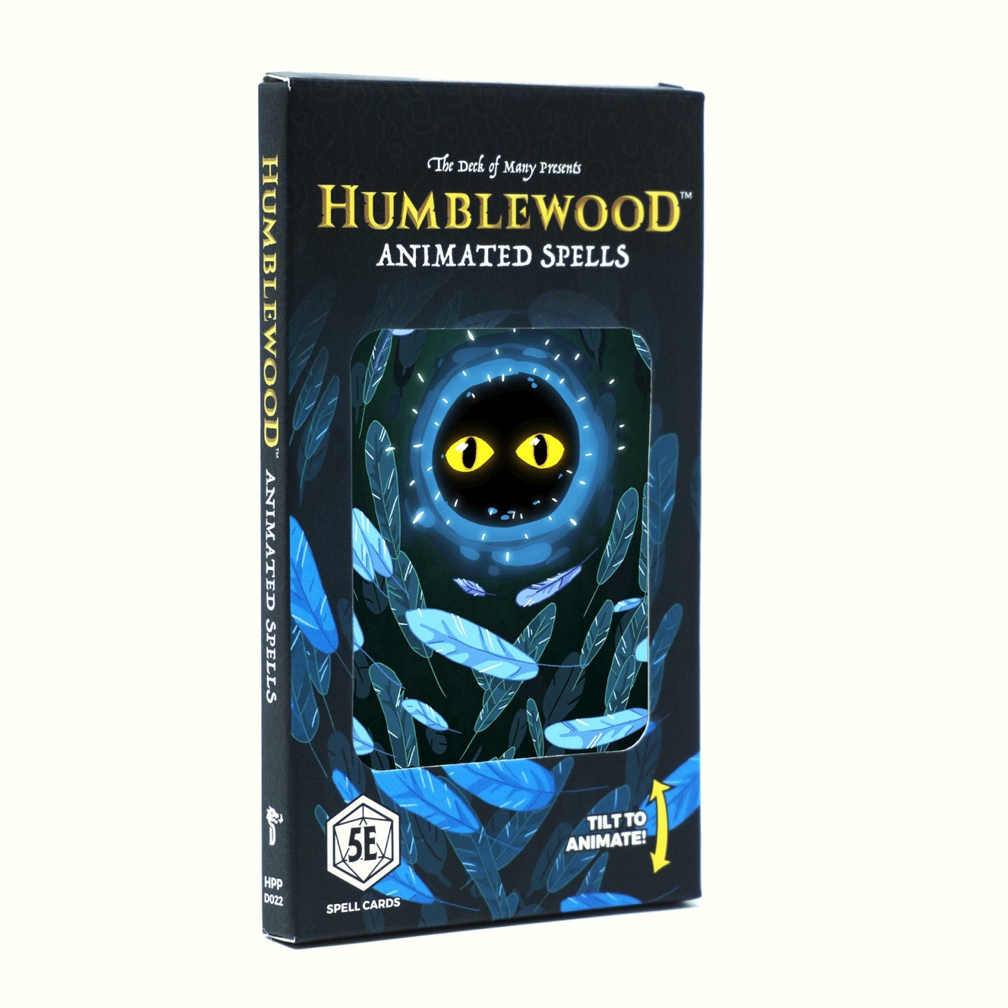 Humblewood Animated Spells 5E card box with glowing yellow eyes in a blue feathery void, text says "Tilt to Animate!".
