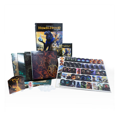 Unboxed Humblewood tabletop RPG set: main book with raven & owl, adventure books, and various character tokens.