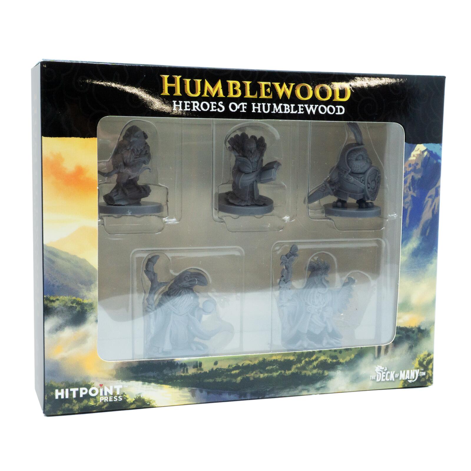Box for Humblewood Heroes of Humblewood miniature set, displaying 6 unpainted grey fantasy figures.