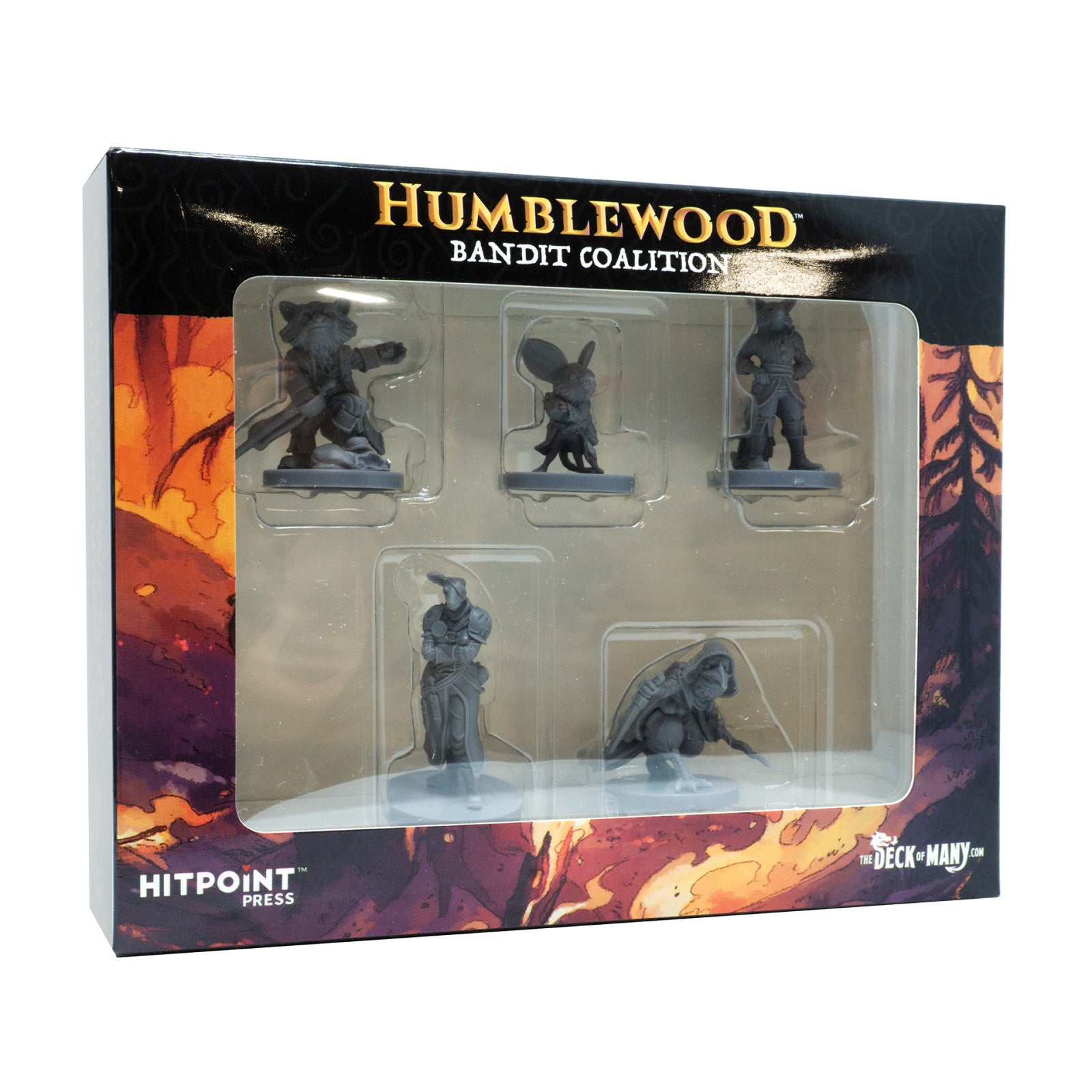 Humblewood Bandit Coalition box showcasing five unpainted anthropomorphic animal miniatures in a clear window. Forest-themed box art.