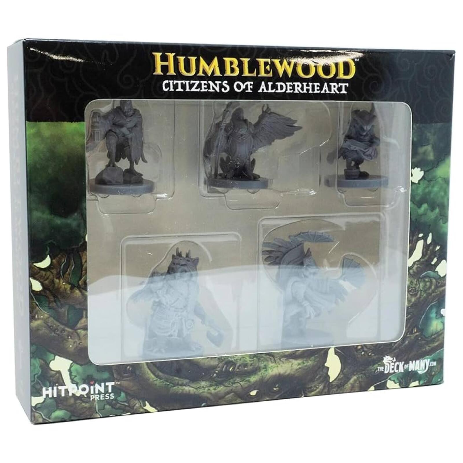 Humblewood Citizens of Alderheart miniatures box, showing five unpainted grey fantasy figures.