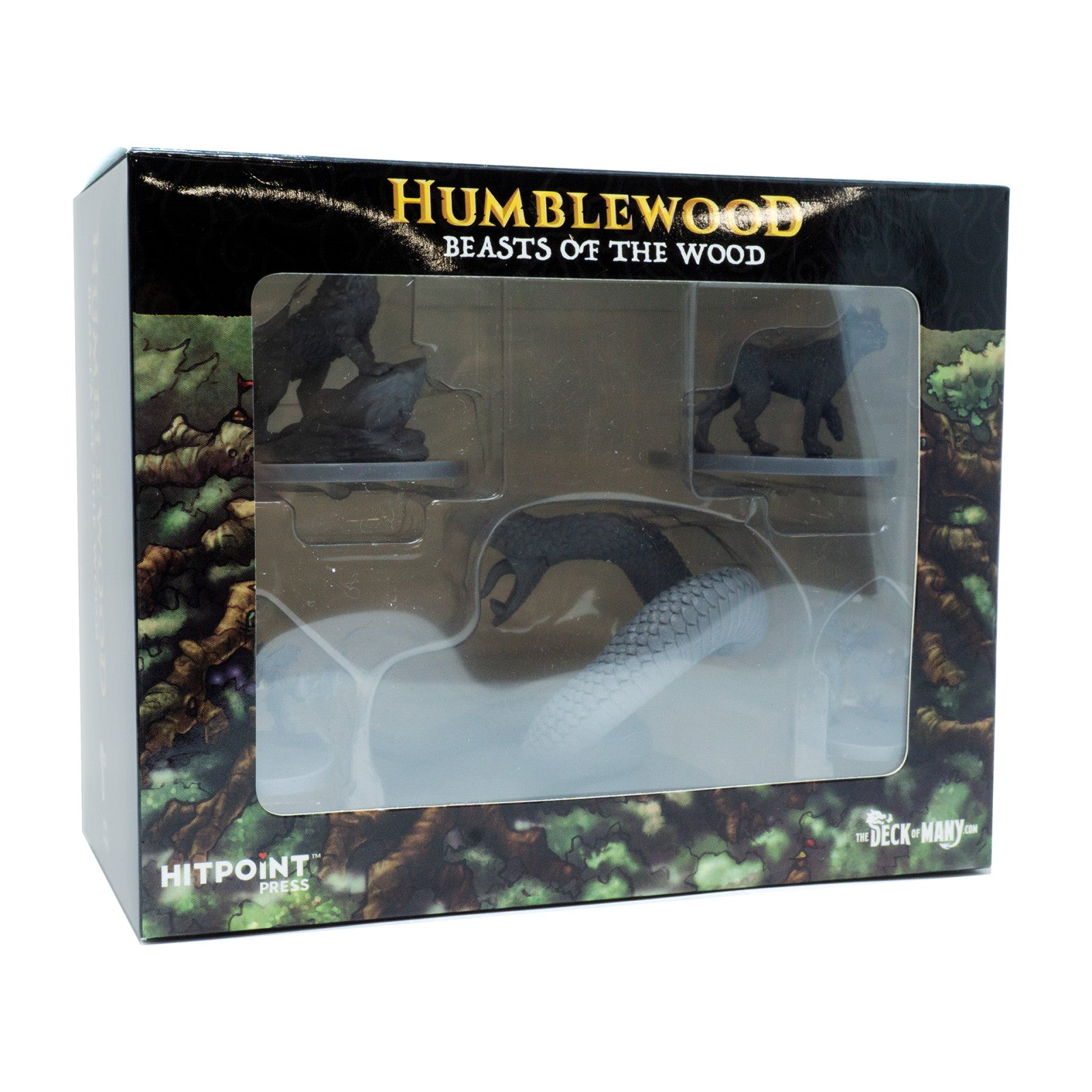 Humblewood Beasts of the Wood box shows dark wolf, cat, and coiled snake miniatures.
