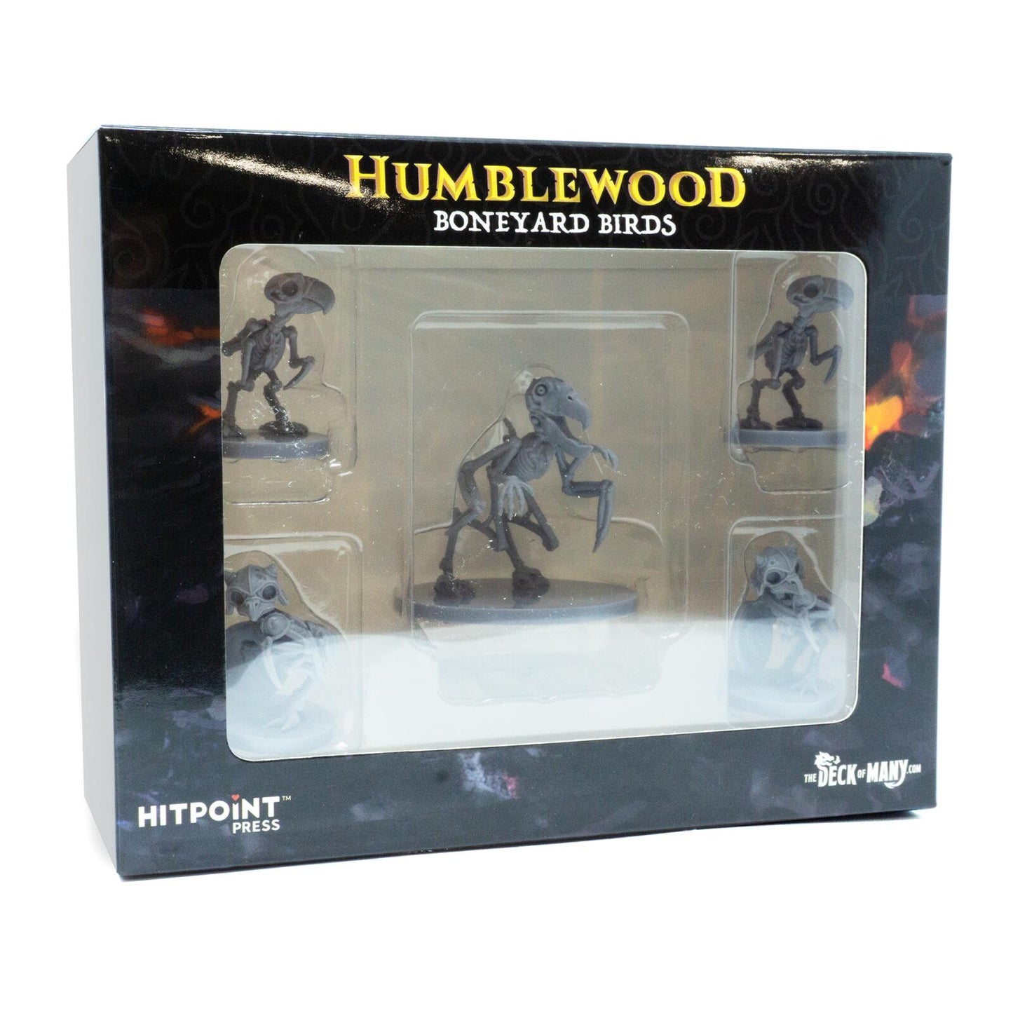 A black box of "Humblewood Boneyard Birds" tabletop miniatures, featuring five unpainted skeletal bird-like figures.
