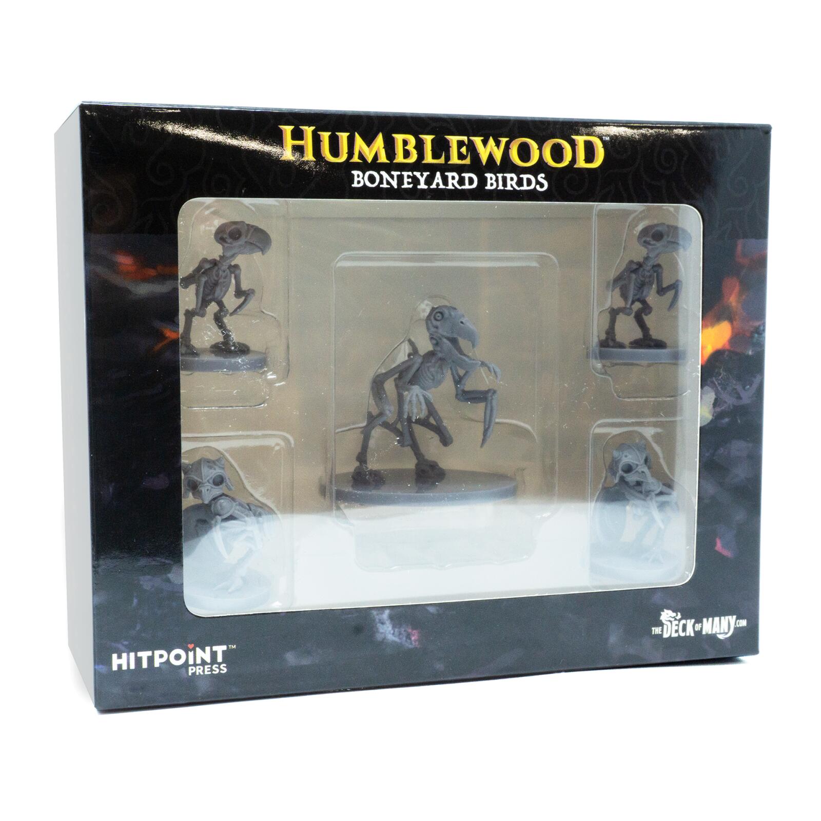 A black box of "Humblewood Boneyard Birds" tabletop miniatures, featuring five unpainted skeletal bird-like figures.