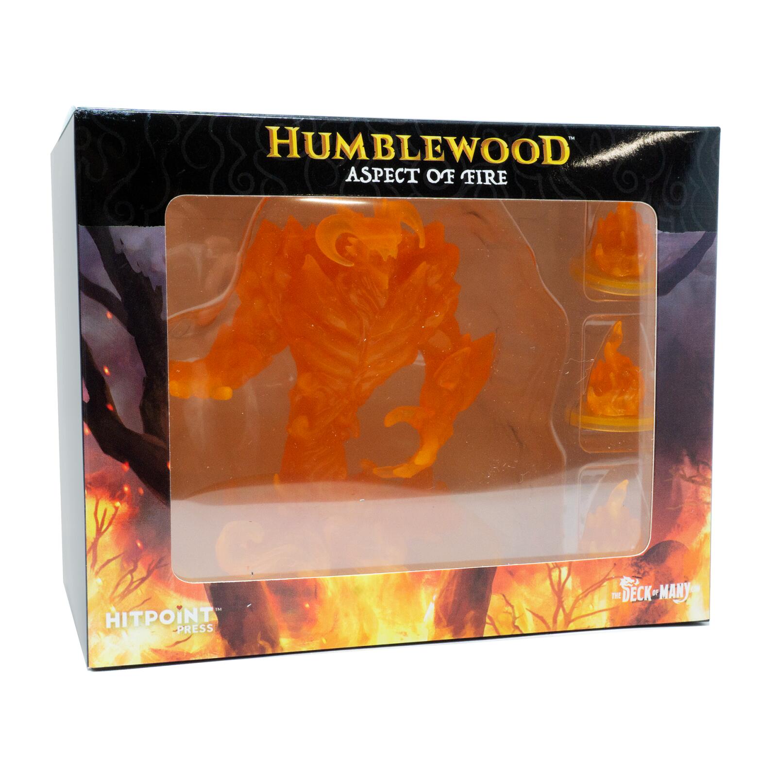 Humblewood Aspect of Fire product box with a clear window showing a translucent orange fire elemental miniature and small flame pieces.