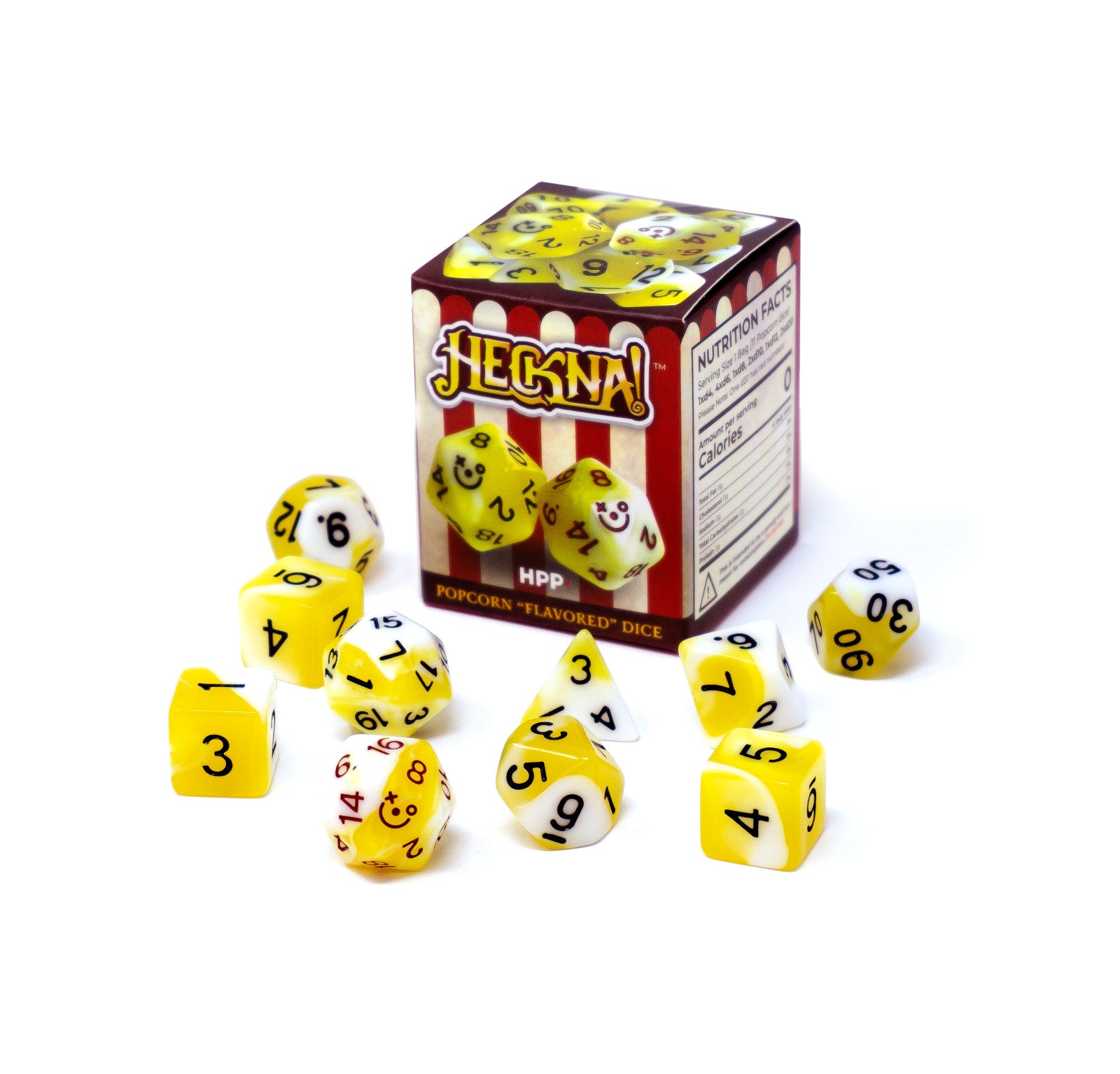 A popcorn-themed "HEGNA!" box with "POPCORN 'FLAVORED'" text, surrounded by scattered yellow and white polyhedral dice.