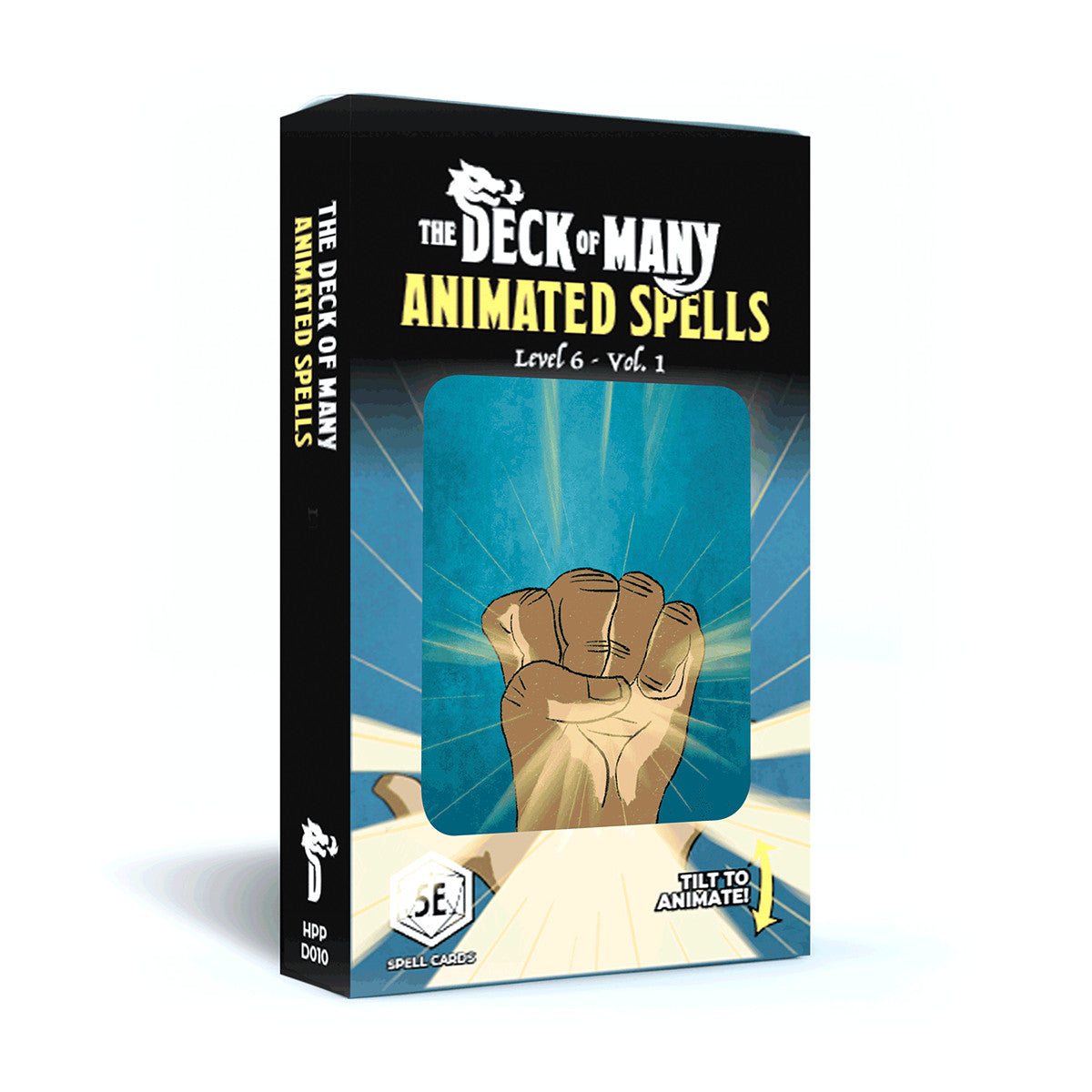 A Hit Point Press The Deck of Many Animated Spells Level 6 Vol 1 black box displays a magic-casting fist radiating light with 5E spell cards and tilt to animate instructions