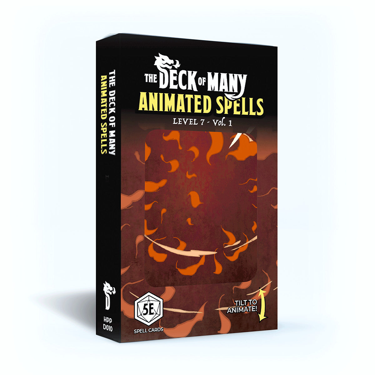 A black box for Hit Point Press The Deck of Many Animated Spells Level 7 Vol 1, with orange fiery patterns, a 5E logo, and Tilt to Animate text