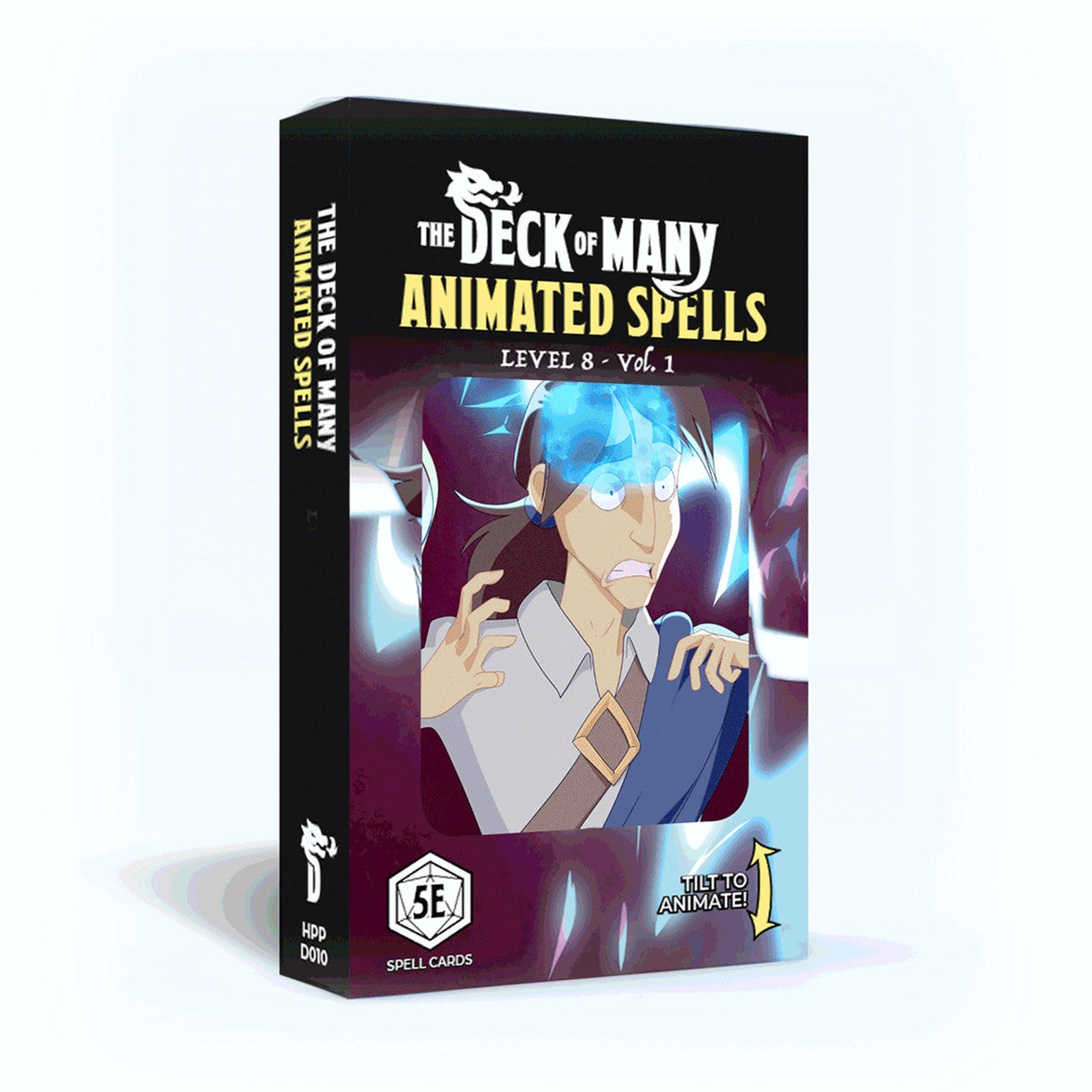 The Deck of Many Animated Spells Level 8 Vol 1 box shows a cartoon character with a surprised expression and glowing blue energy around their head