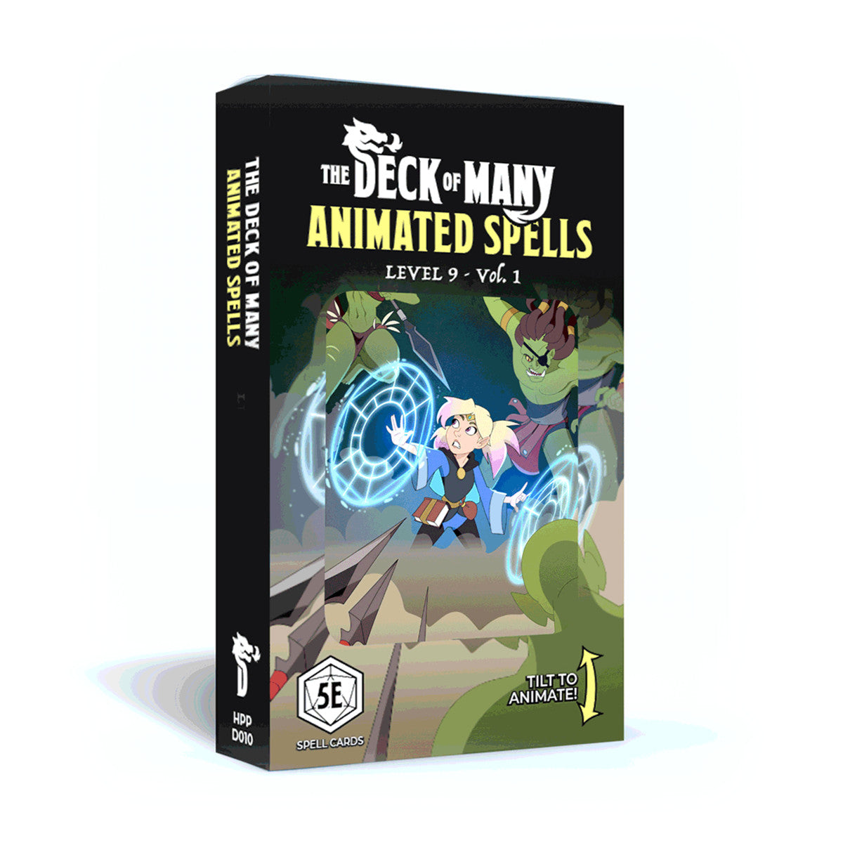 A box for The Deck of Many Animated Spells Level 9 shows a blonde character casting a blue spell surrounded by green goblin-like figures, with 5E Spell Cards text