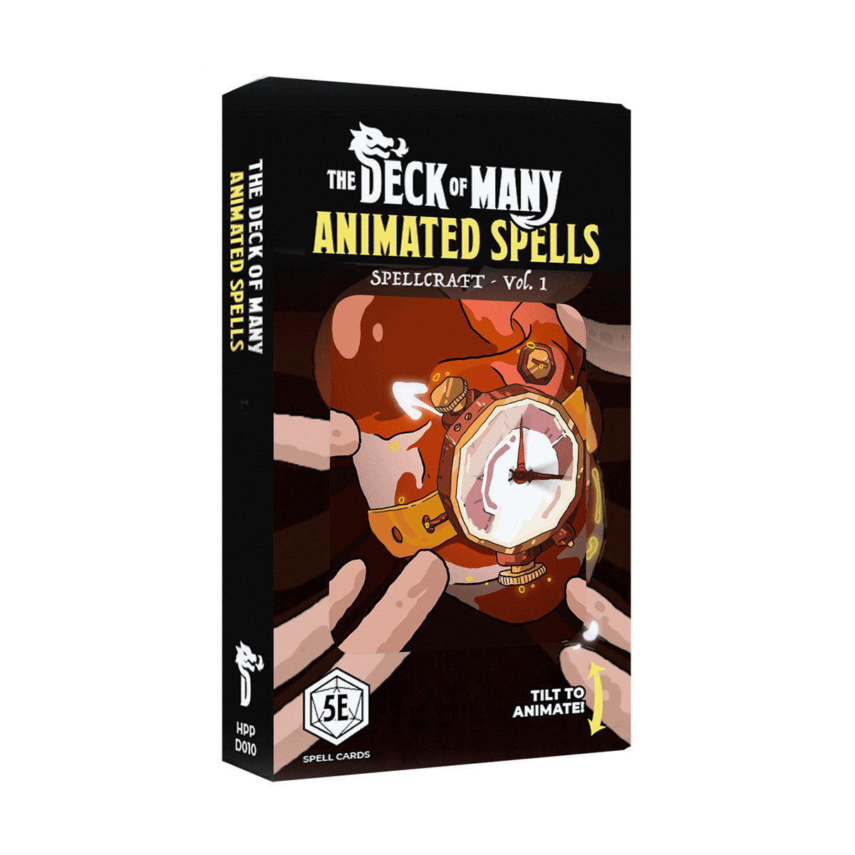 A black box for The Deck of Many Animated Spells Spellcraft Vol 1, with hands around a steampunk clock and 5E logo