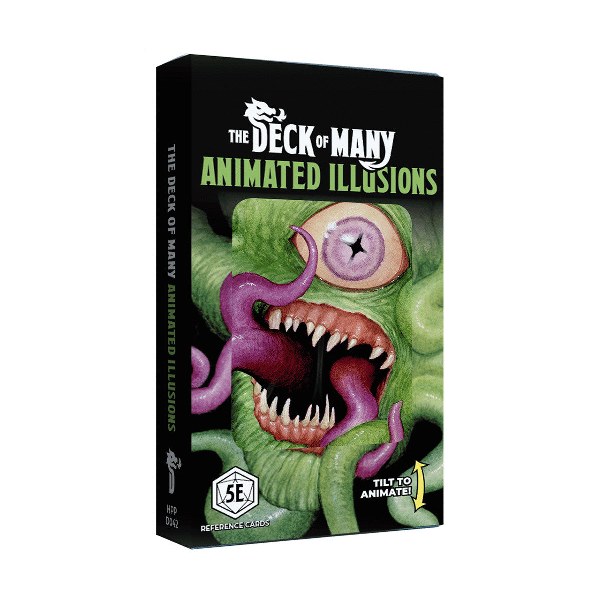 A black box for The Deck of Many Animated Illusions 5E Reference Cards with a green monster, one large eye, sharp teeth, and purple tentacles