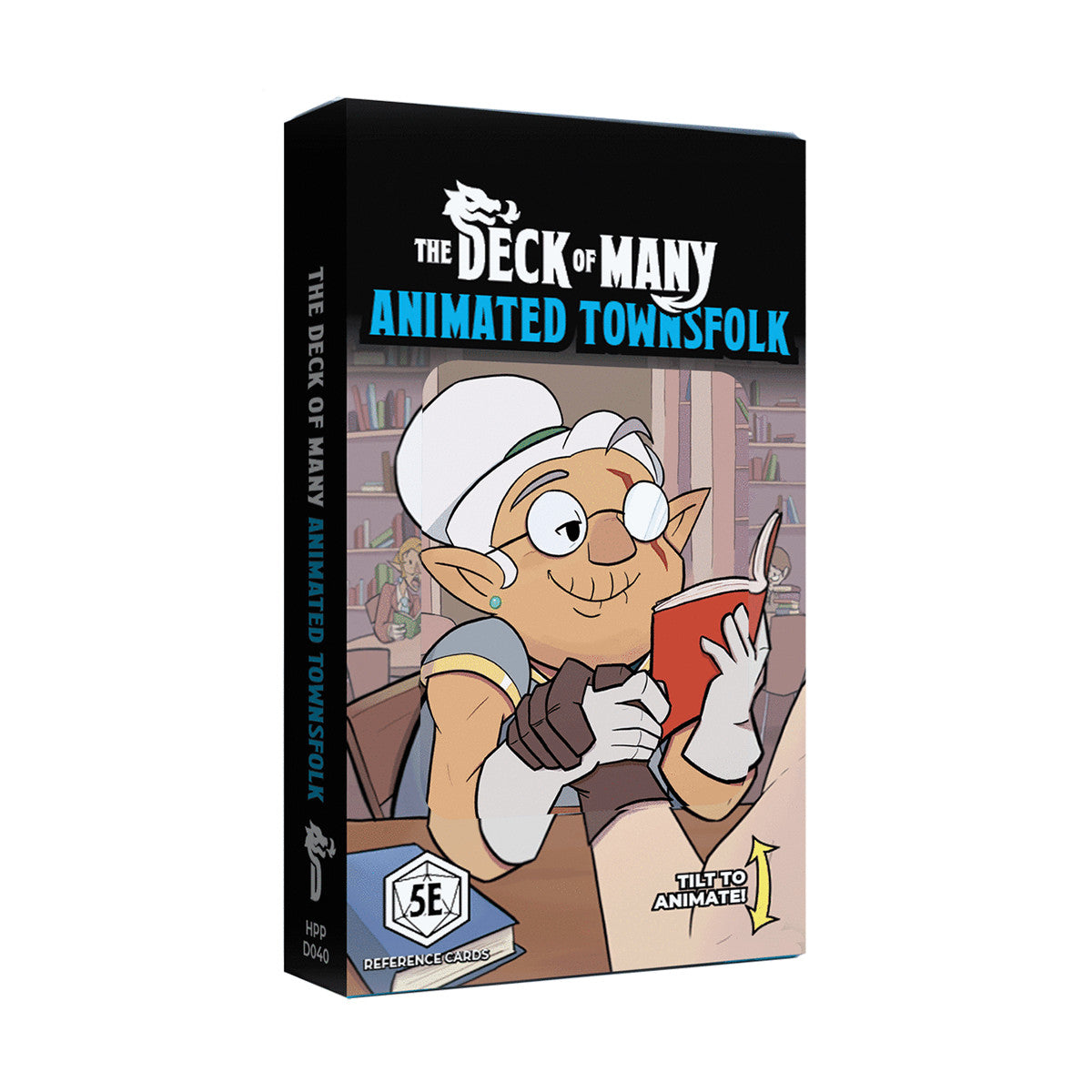 A vertical box for Hit Point Press The Deck of Many Animated Townsfolk 5E Reference Cards features a smiling elf-like character reading a book with a 'Tilt to Animate' label