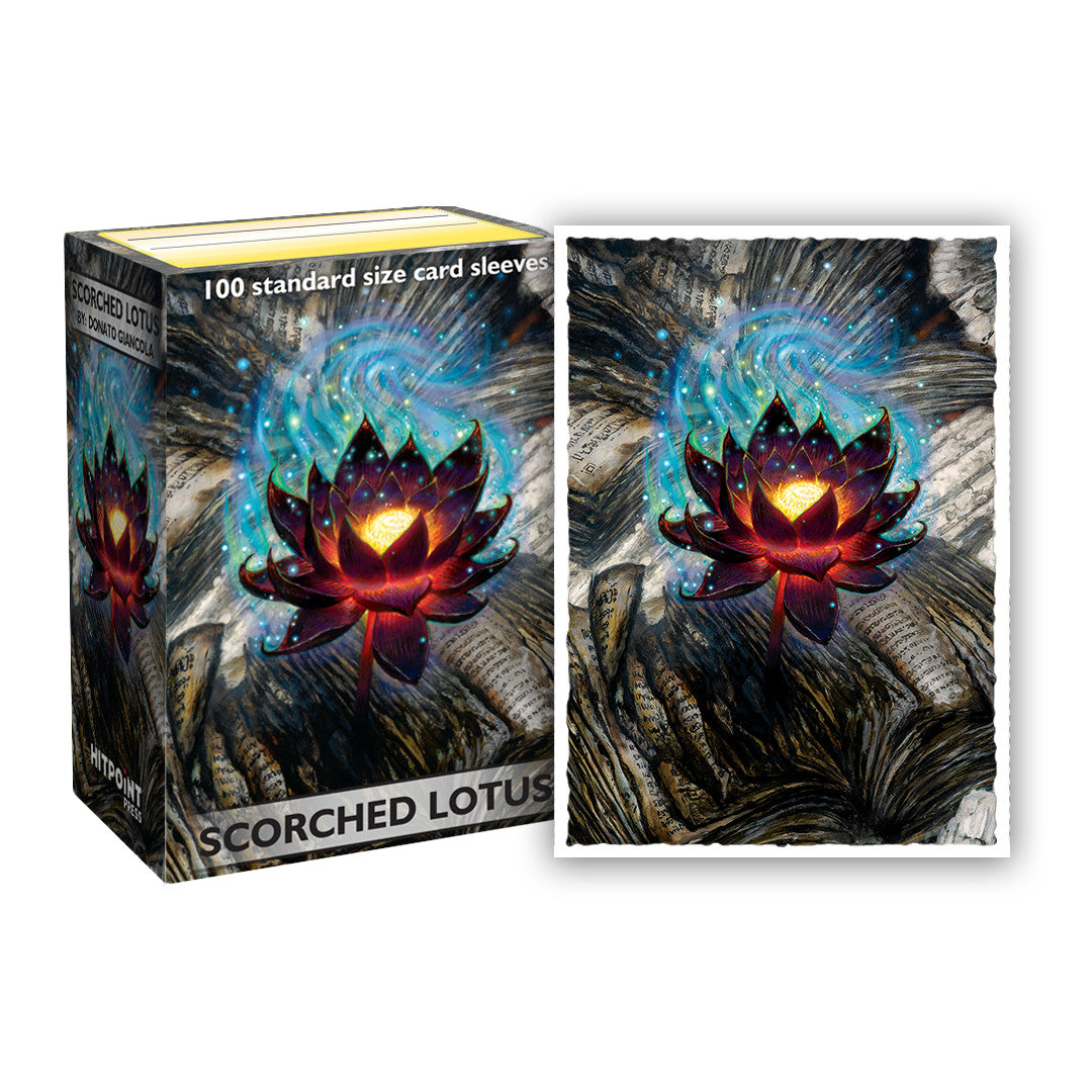 Box of 100 standard card sleeves, "Scorched Lotus" art by Donato Giancola: dark red lotus with glowing center, blue energy