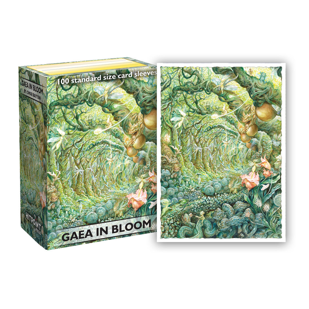 Gaea in Bloom 100 standard card sleeves, Omar Rayyan's detailed fantasy art of a lush green forest with fairies, dragon-like creatures, and pink flowers