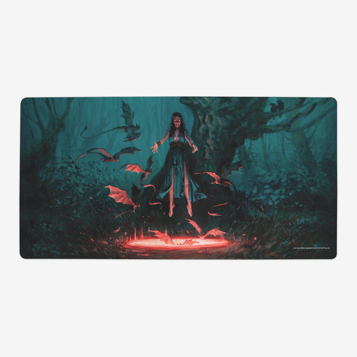 A sorceress with glowing eyes levitates above a red glowing pool, summoning bat-like creatures in a dark forest
