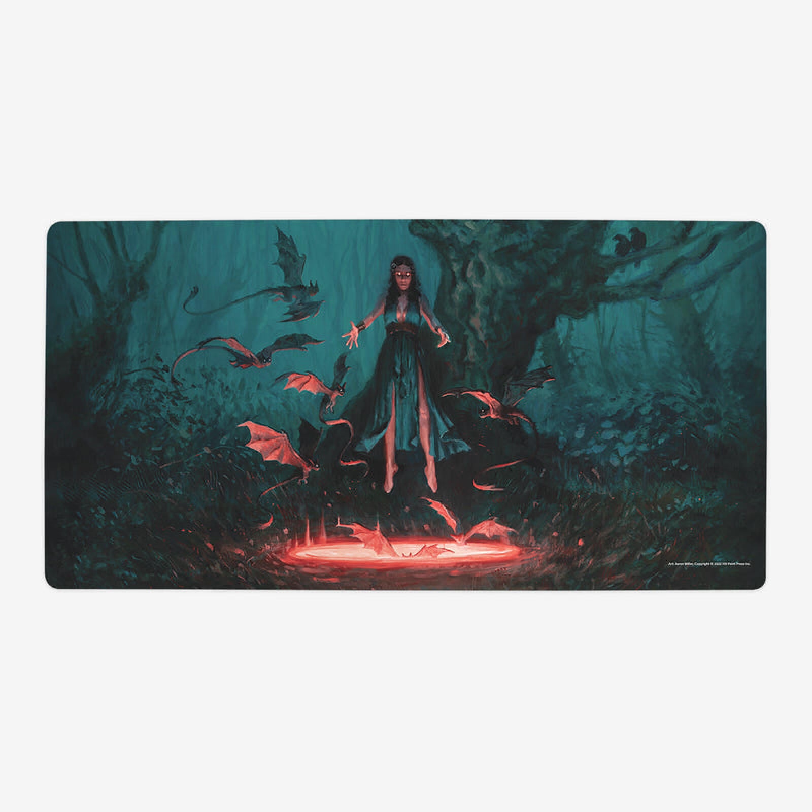 A sorceress with glowing eyes levitates above a red glowing pool, summoning bat-like creatures in a dark forest