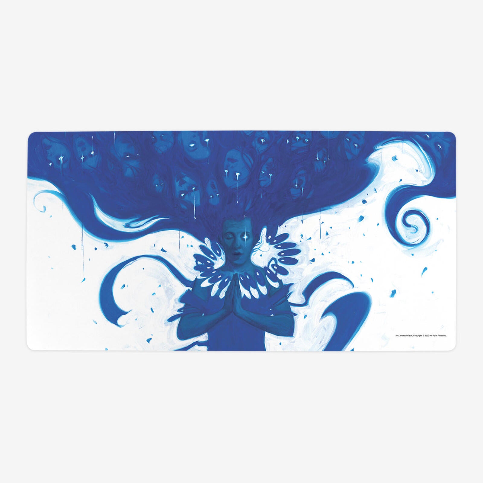 Blue painting: A figure with closed eyes, hands clasped, star on forehead, surrounded by swirling energy and weeping faces